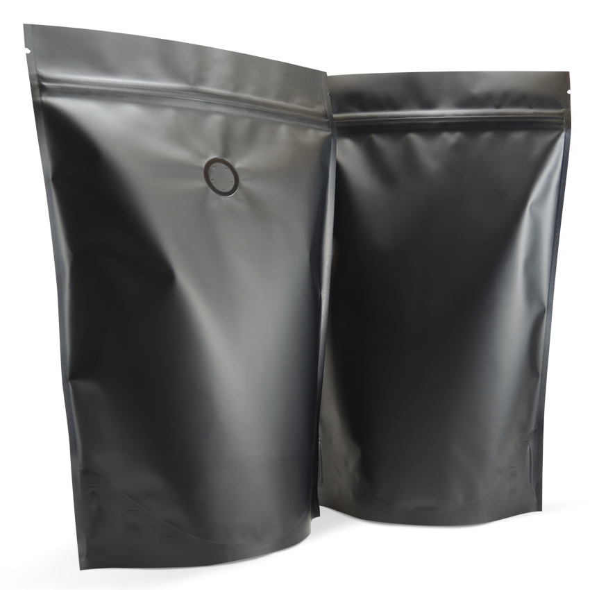 500g Stand up pouches with valve in matt black