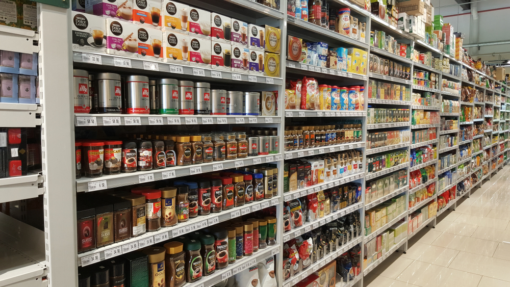 Supermarket coffee and tea aisle