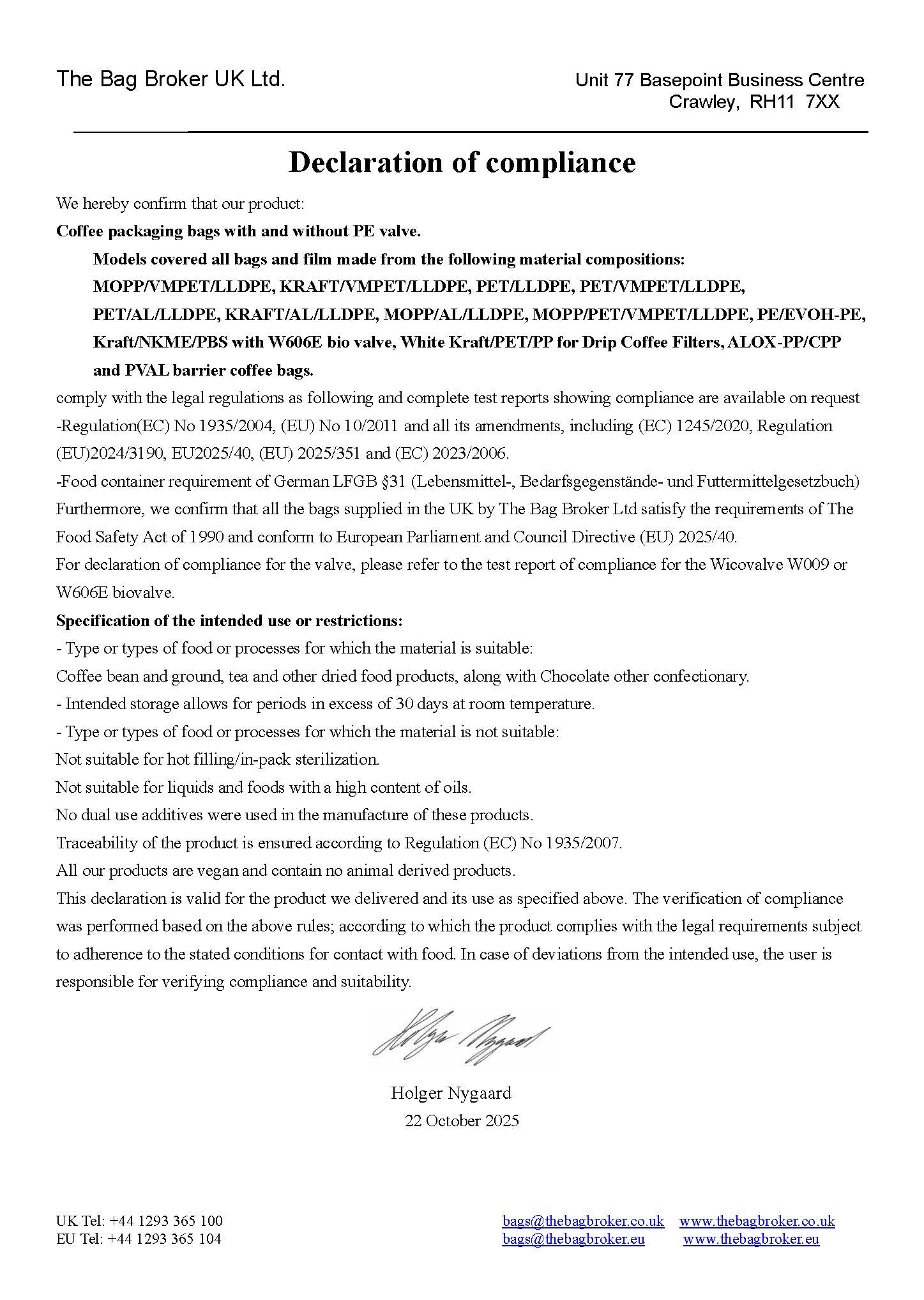 Declaration of Compliance - The Bag Broker UK