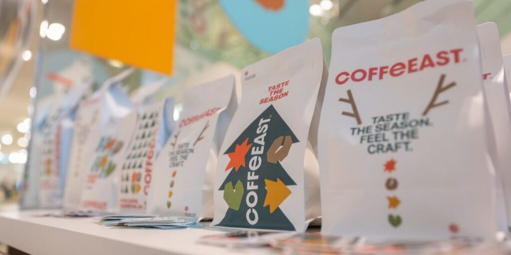 Row of short-run printed box bottom coffee bags