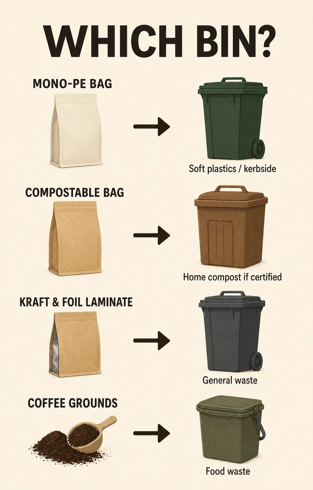 Infographic showing which bin each type of coffee packaging goes in: mono-PE to soft plastics, compostable to home compost, laminates to general waste, grounds to food waste