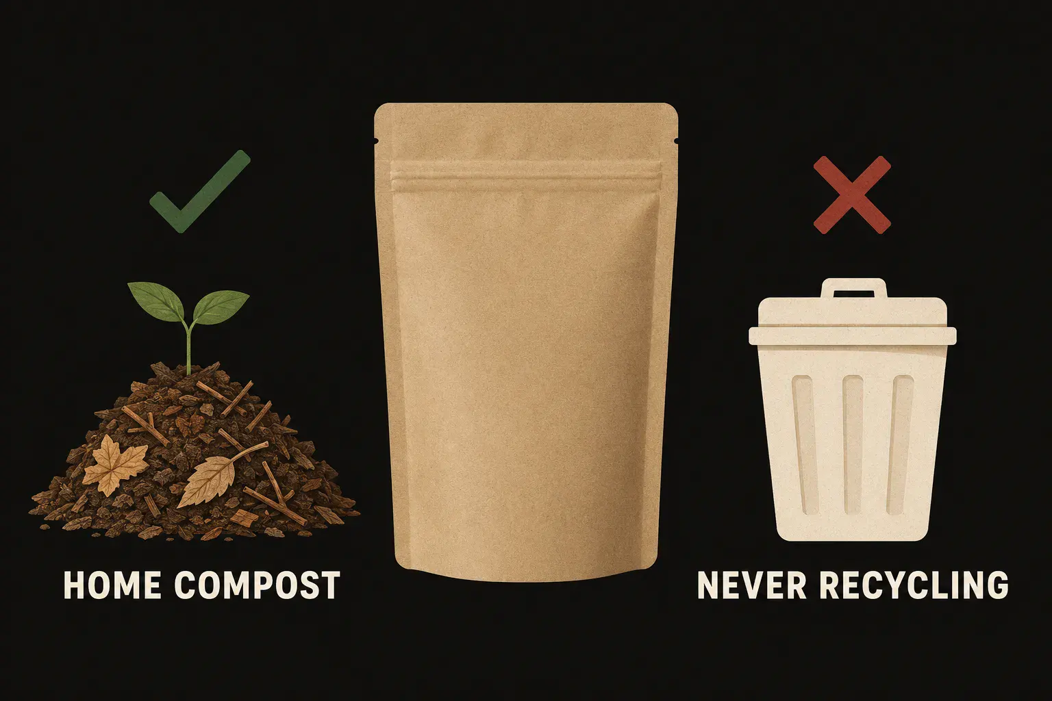 Compostable coffee bag disposal: home compost yes, recycling bin never