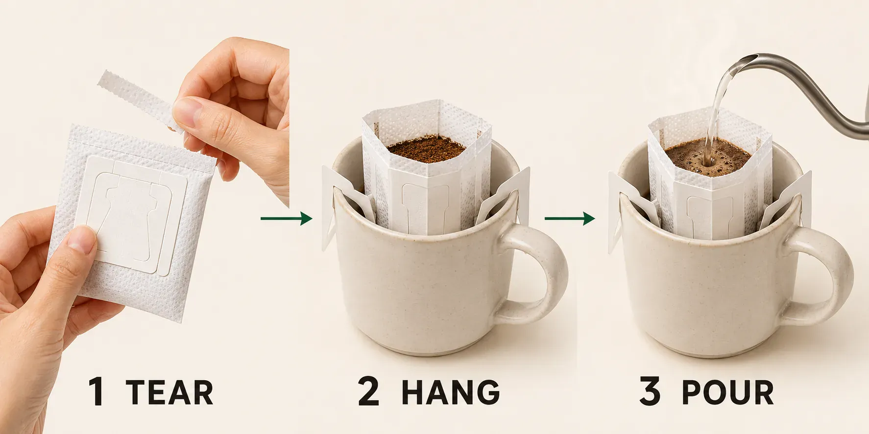 Brewing a drip coffee bag in three steps: tear, hang over the cup, pour hot water