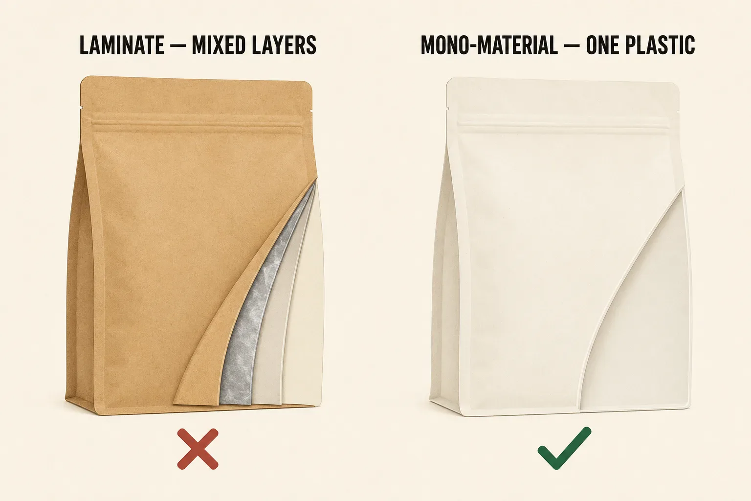 Cross-section comparing a multi-layer laminate coffee bag with a recyclable mono-material coffee bag