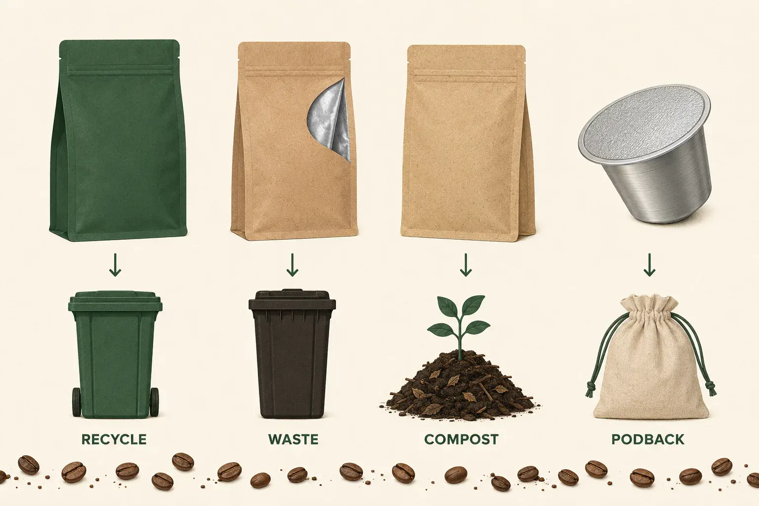 Four types of coffee packaging and where each goes: recycling bin, general waste, compost and Podback