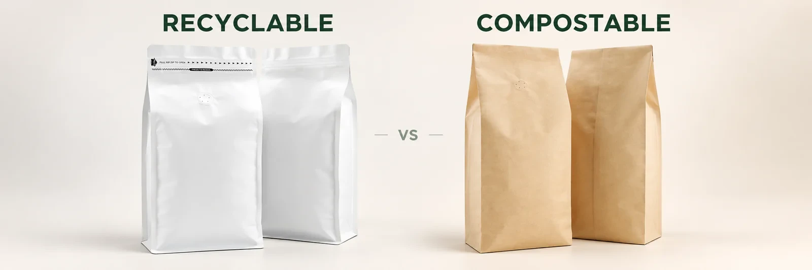 White recyclable mono-material box bottom coffee bags next to natural kraft compostable coffee bags, both with one-way valves