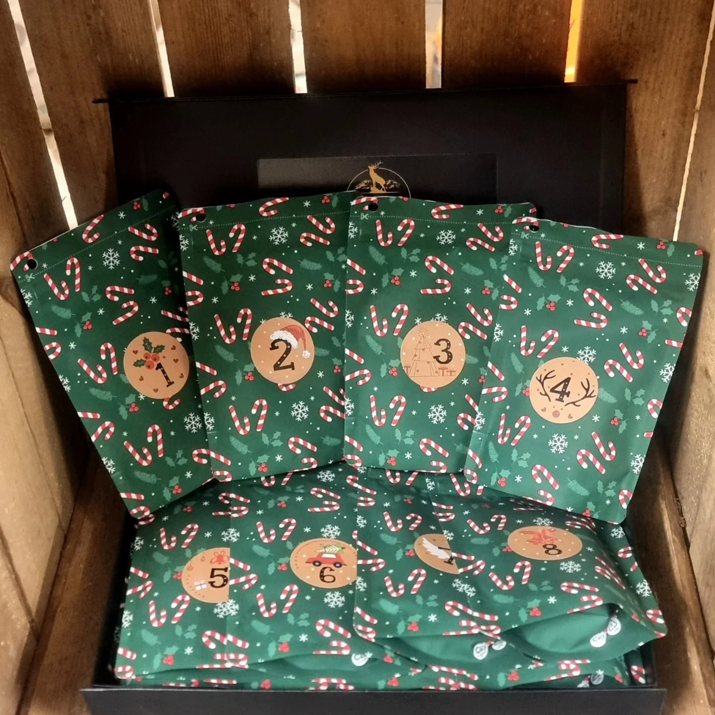 Green Christmas stock packaging bags with hang holes and a small sticker